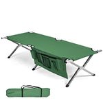 COSTWAY Folding Camping Bed, Steel Frame Outdoor Sleeping Cot with Carry Bag, Portable Military Camping Lounger Bed for Travel Patio Beach BBQ Hiking Office (Green, With Side Pockets, 190x73x42cm)