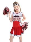 Girls Cheerleading Outfit Cheerleader Costume Dance Practice Cheer Uniform with Poms Poms Socks（Red, 10-11Y)