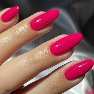 GLAMERMAID Jelly Press on Nails Almond - Handmade Gel Nails Series | Hot Pink Fake Nails Medium Short Length Solid Red Acrylic False Nail Kits Stick Glue on Nails Sets Reusable Full Cover for Women
