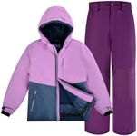 SMONTY Girls Snow Suit Winter Ski Jacket & Pants Set Hooded Straps Windproof Waterproof Warm Coat (6-7 Years, Violet and Navy)