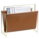 MyGift 15 inch Modern Caramel Leatherette Magazine Holder, Floor Standing Literature Sling Style Rack with Brass Tone Metal Frame