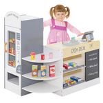 Maxmass Kids Pretend Grocery Store, Wooden Children Supermarket Playset with Rich Accessories, Vending Machine, Scanning Area, POS Machine & Screen, Toddler Play Shop for 3-8 Years Old (15PCS, Grey)