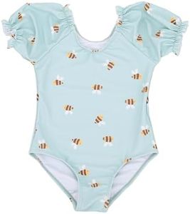 LIZENS Girls' One-Piece Swimwear Adorable Bunny Rabbit Puff Sleeve Tropical Floral Girls Bathing Suit(BL108,6-7T) Green