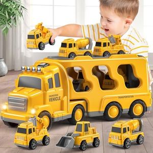 Beby Buty 5 in 1 Construction Trucks Cars Toys for Toddlers 3-5, Boy Toddler Car Truck Toys with Light Sound, Birthday Gifts Toys for 3 4 5 Year Old Boy