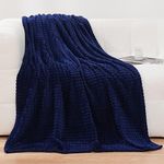 Puncuntex Flannel Fleece Throw Blanket Navy Blue 50"×60",Super Soft Plush Cozy Blanket with 3D Jacquard Square Grid Design Luxury for Couch Sofa Chair,Dark Blue