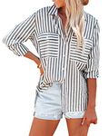 OMSJ Women's Striped Button Down Shirts Casual Long Sleeve Stylish V Neck Blouses Tops with Pockets, Black, Large