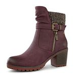 Hawkwell Women's Side Zipper Chunky Stacked Mid Heel Booties,Burgundy PU,7 M US