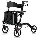 COSTWAY Folding Rollator, 4 Wheels Mobility Walker with Seat, Break, Adjustable Handle, Cane Holder and Detachable Storage Bag, Lightweight Walking Aid for Elderly Handicapped (Black)