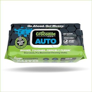 Crocodile Cloth Auto Cleaning Wipes - Car Engine Degreaser, Body Detailing, Tires Cloth Wipes - Cut Through Grease, Oil, and Adhesives on Hands, Tools, Parts, and More - 100 Giant Disposable Wipes