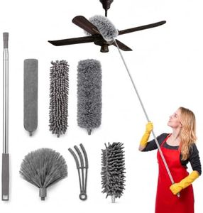 FumyFumy Staubwedel Teleskop 250 cm, 7-teiliges Waschbares Mikrofaser-Reinigungsset, Staubwischer lang ausziehbar, Spinnenwebenentferner für hohe Decken, Jalousien & Ecken