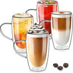 TKNO Set of 4 450ml Double Walled Tall Coffee Glasses Mugs Cups with Handle, for Coffee Tea Latte Juice Ice Cream Borosilicate Heat Resistant Large Glass Cups, Microwave Safe, Ideal Hot & Cold Drinks