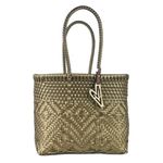 MARIA VICTORIA-Gold-Handwoven plastic Mexican tote bag. Perfect for summer, indoor and outdoor activities. Water resistant., Gold, L