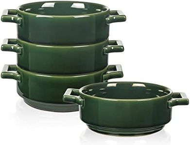 Vicrays Ceramic Soup Bowls with Handles, 24 Oz Porcelain Soup Crocks for French Onion Soup, Cereal, Beef Stew, Chill, Pasta, Pot Pies, Microwave and Oven Safe, Set of 4 (Green)