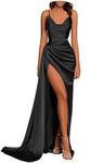 Black Mermaid Prom Dress Long Slit Satin Evening Dress Spaghetti Strap V Neck Bridesmaid Dresses with Train US28W