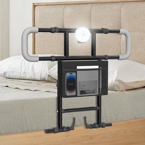Seeutek Bed Rails for Elderly Adults Safety, Foldable & Extendable Bed Assist Rails for Seniors, Adjustable Bed Side Rails with Safety Strap & Storage Pocket & LED Light, Fit Queen Twin King