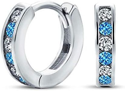 Blue White Alternating Cubic Zirconia CZ Channel Set Small Huggie Hoop Earrings For Women Men .925 Sterling Silver