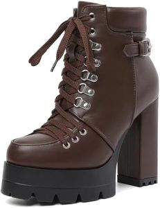 Susanny Brown Boots for Women Platform Combat Short Ankle Block Heel Rave Booties de mujer Lace UP Chunky Shoes Studded Motorcycle Mid Calf Booties 6.5