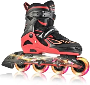 2PM SPORTS Vinal Inline Skates for Girls Boys Kids Ages 5-8 8-12 with Adjustable Illuminating Wheels, Inline Roller Skates for Youth Women Men - Red Medium