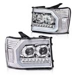 CNNELL LED DRL Headlights Compatible with GMC Sierra 1500 2007-2013 /Fit for GMC Sierra 2500HD 3500HD 07-14 LH & RH Sides Headlamps Clear Lens Chrome Housing White reflector