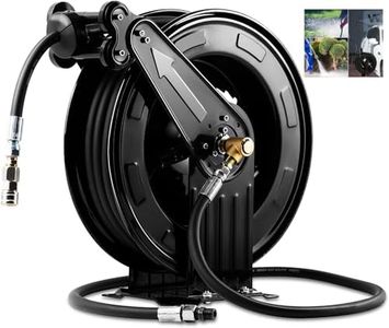 Retractable Pressure Washer Hose Reel, Heavy Duty Steel Professional Power Wash Hose Reel ，Double Arm 50FT x 3/8" with 5 ft Lead for Water/Air/Oil，4000 PSI [Pressure cleaning hose not included ]