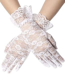 Papoopy Women White Lace Gloves for for Wedding, Tea Party, Cosplay, Costume (Lace-Flower-White)