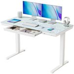 FEZIBO Glass Standing Desk with Drawer, 48 x 24 Inch Height Adjustable Electric Desk with One-Piece Tabletop and USB Ports, White