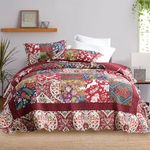 ENASAL Cotton Bedspread Quilt Sets Reversible Bedding Coverlet Sets Comforters Vintage Luxury Damask Floral Real Patchwork Burgundy Bedspread,King Size