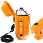 Electric USB C Rechargeable Lighter with Cross Dual Arc, Windproof and Waterproof Lighter with Flashlight for Camping, Survival, Hiking (Orange)