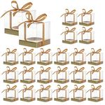 24Pcs Clear Favor Boxes with Gold Ribbon and Insert Square Cake Boxes Cupcake Carriers Individual Clear Cube Candy Holders Pastry Treat Dessert Cookies Boxes