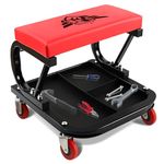 BullsArmor Rolling Mechanic Seat - Heavy-Duty Garage Shop Seat - 300 LBS Capacity - Padded Mechanic Stool with Tool Tray Storage - Durable Tubular Steel Frame - Red