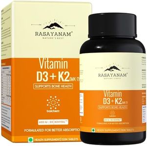 Rasayanam Vitamin D3 K2(MK-7) | 100% Vegan Vitamin D3 | Superior K2(MK-7) from Balchem, USA | For Calcium Utilization, Bone Strength & Heart Health | D3 Supplement For Immunity | 120 Veg Tablets