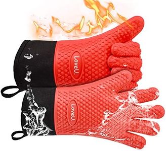 Loveuing Kitchen Oven Gloves - Silicone Double-Layer Heat Resistant Oven Mitts/BBQ Gloves/Grill Gloves - Perfect for Baking and Grilling - 1 Pair (Small, Red Long)