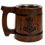 TESLYAR Beer Mug 600 ML - 20 OZ - Viking Mug - Tankard Mug - Beer Stein - Wooden Beer Mug - Handmade Gifts for Men | Fathers Day | Christmas | Birthday Gifts | Celtic Men Mugs - Thors Hammer