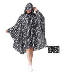 Freesmily Women's Stylish Rain Poncho Waterproof Rain Coat with Hood (Black Flower)