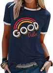 Dresswel Women Good Vibes T-Shirt Rainbow Graphic Print Short Sleeve Tee Shirts Summer Tops, 2-navy, L