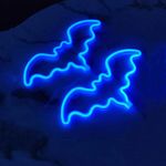 HFHungkeong Bat Halloween Neon Signs for Dorm Wall Decor,Neon Light up Halloween Decor LED Night Lights Table Ornaments for Christmas Party, Battery Powered Neon Bat Sign Kids Gifts(2Ice Blue)