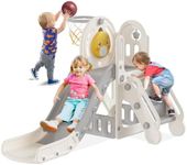 BIERUM 5 in 1 Toddler Slide, Slide for Toddlers Age 1-3 with Basketball Hoop and Ball, Slide for Kids, Indoor Outdoor Backyard Playground Cute Duck Theme Baby Slide Toy White Gray