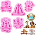 Comidox 5PCS Cartoon Forest Animal Silicone Fondant Mold Set Lion Elephant Monkey Giraffe Rabbit Silicone Clay Mold for Kids Birthday Cake Topper Decorating