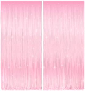 Pastel Pink Tinsel Curtain Backdrop, 3.28 x 8ft Extra Long Macaron Pink Foil Fringe Curtain with Extra Backup Tape, Party Decoration for Easter, Birthday & Photo Booth, 2 Pack