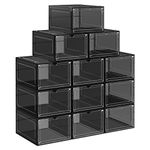 SONGMICS Shoe Boxes, Plastic Shoe Storage Organisers with Clear Doors, Set of 12, Stackable, Easy Assembly, 27 x 34.5 x 19 cm, up to UK Size 10, Black LSP032B12V1