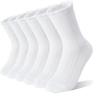 EBMORE White Girls Ruffle Socks Uniform School Dress Crew Cotton Textured Gifts Socks for Kids 6 Pairs Stocking Stuffers(Diamond Striped White,9-15 Years)