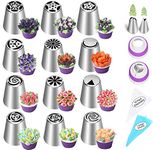 Tabiger 27pcs Russian Piping Tips Set Cake Decorating Supplies Kit Including 12 Cupcake Flower Frosting Nozzles Icing Dispensers Leaf Tips 2 Coupler 11 Piping Pastry Bags