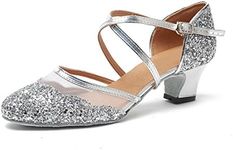 Minishion Women's T-Strap Dance Heels Glitter Salsa Ballroom Shoes Wedding Party Pumps L267 Silver US 8