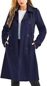 FARVALUE Women's Waterproof Trench Coat Long Double Breasted Windbreaker Classic Belted Lapel Overcoat with Removable Hood, Navy, Small
