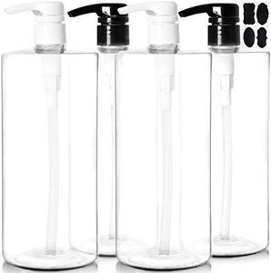 Youngever 4 Pack Pump Bottles for Shampoo 1000ML (1 Liter), Empty Shampoo Pump Bottles, Plastic Cylinder with Lockdown-Leak Proof-Pumps