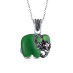 Bling Jewelry Bali Style Indian Elephant Tribal Green Quartz Simulated Jade Pendant Oxidized .925 Sterling Silver Necklace for Women Made in Thailand