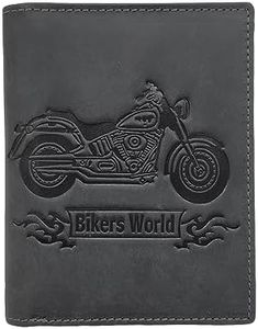 LOLUNA® Portefeuille Moto Cuir Vintage, RFID Blocage, 3 Volets avec Pression, Carte, permis, identité et Monnaie - Idée Cadeau (Noir Moto)