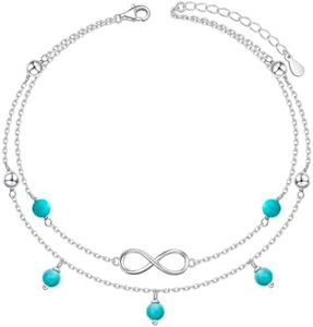 Flyow Anklet for Women S925 Sterling Silver Adjustable Foot Beaded Heart Charm Ankle Bracelet Anklets Jewelry, 9 inches, Metal, turquoise