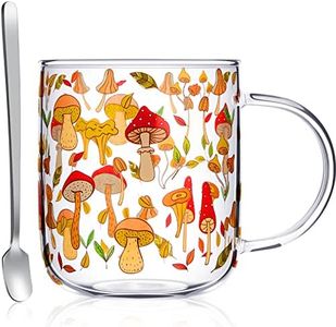 Mushroom Mug Pumpkin Mug with Handle, 15 oz Clear Mushroom Pumpkin Glass Cup, Mushroom Stuff Coffee Mug with Stainless Steel Spoon for Coffee Tea Milk Gift Decor for Christmas Thanksgiving(Mushroom)