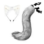 UPWalker Faux Fur Cat Headband Ears Furry Foxes Tail Set Halloween Costumes Grey/White